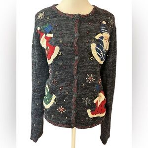 VTG 90s Y2K embroidered Santa motifs ugly Xmas sweater cardigan whimsical L